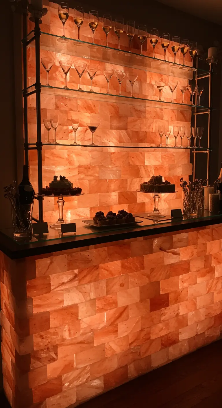 Bar de fête entièrement construit en briques de sel de l'Himalaya roses et rétroéclairées.