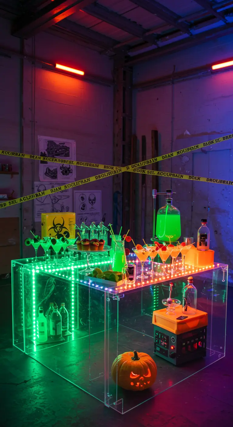 Bar d'Halloween de laboratoire néon, tables lumineuses LED, boissons fluorescentes.