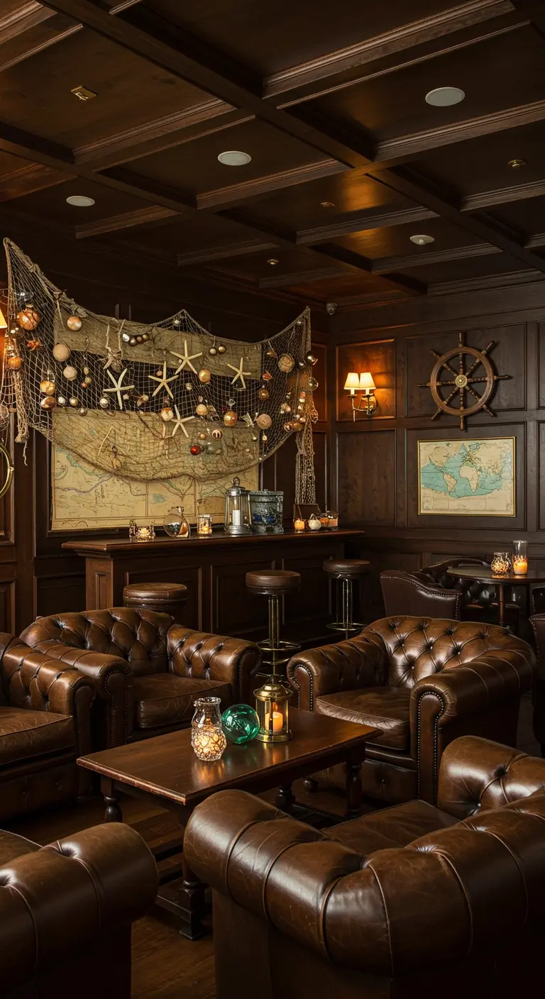 Un bar en bois sombre avec un filet de pêche décoratif orné d'étoiles de mer.