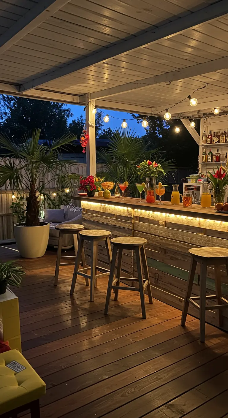 Bar extérieur en palettes avec boissons colorées, palmiers et guirlandes lumineuses, ambiance de soirée.