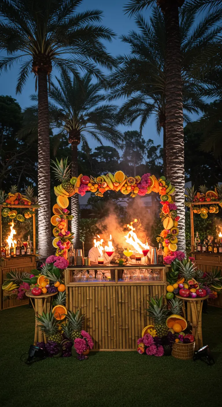 Bar en bambou décoré de fruits, avec des barmans réalisant des cocktails flambés.
