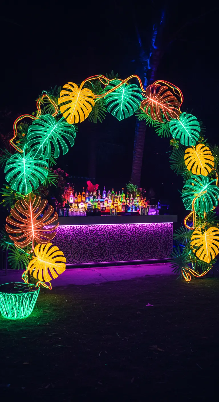 Arche de feuilles de Monstera en néons colorés encadrant un bar de nuit.