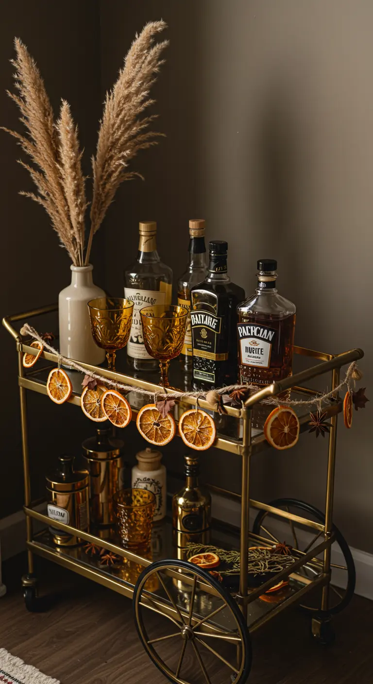 Chariot-bar doré décoré d'une guirlande d'oranges séchées et d'un vase d'herbe de la pampa.