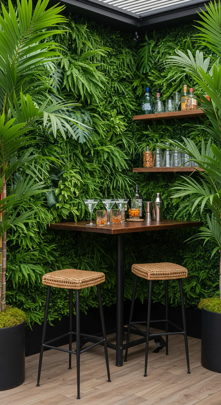 Coin bar avec deux tabourets devant un mur végétal luxuriant et des étagères en bois.