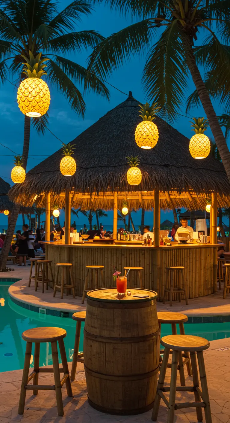 Bar de plage en bambou éclairé par des lanternes suspendues en forme d'ananas.