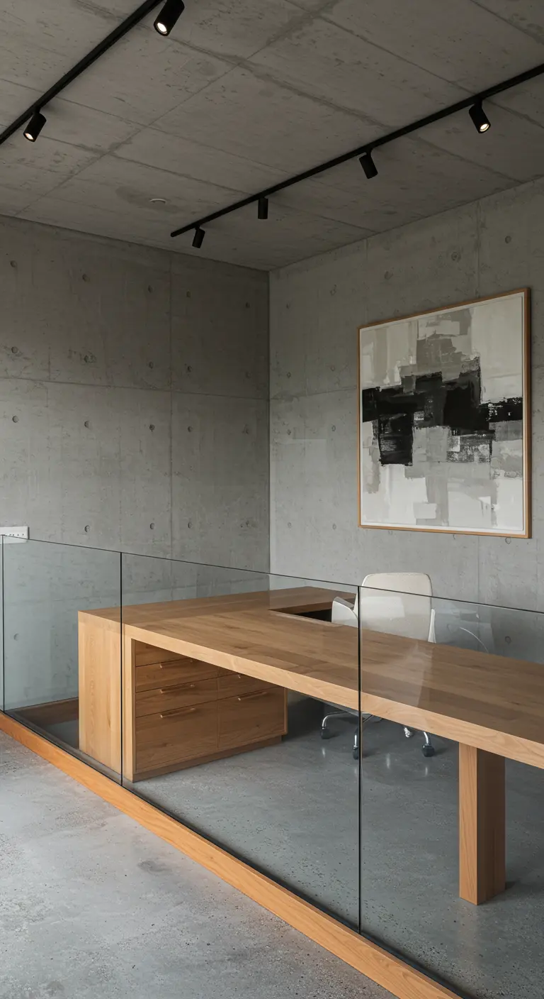 Bureau en bois sur une mezzanine en béton avec un garde-corps en verre.