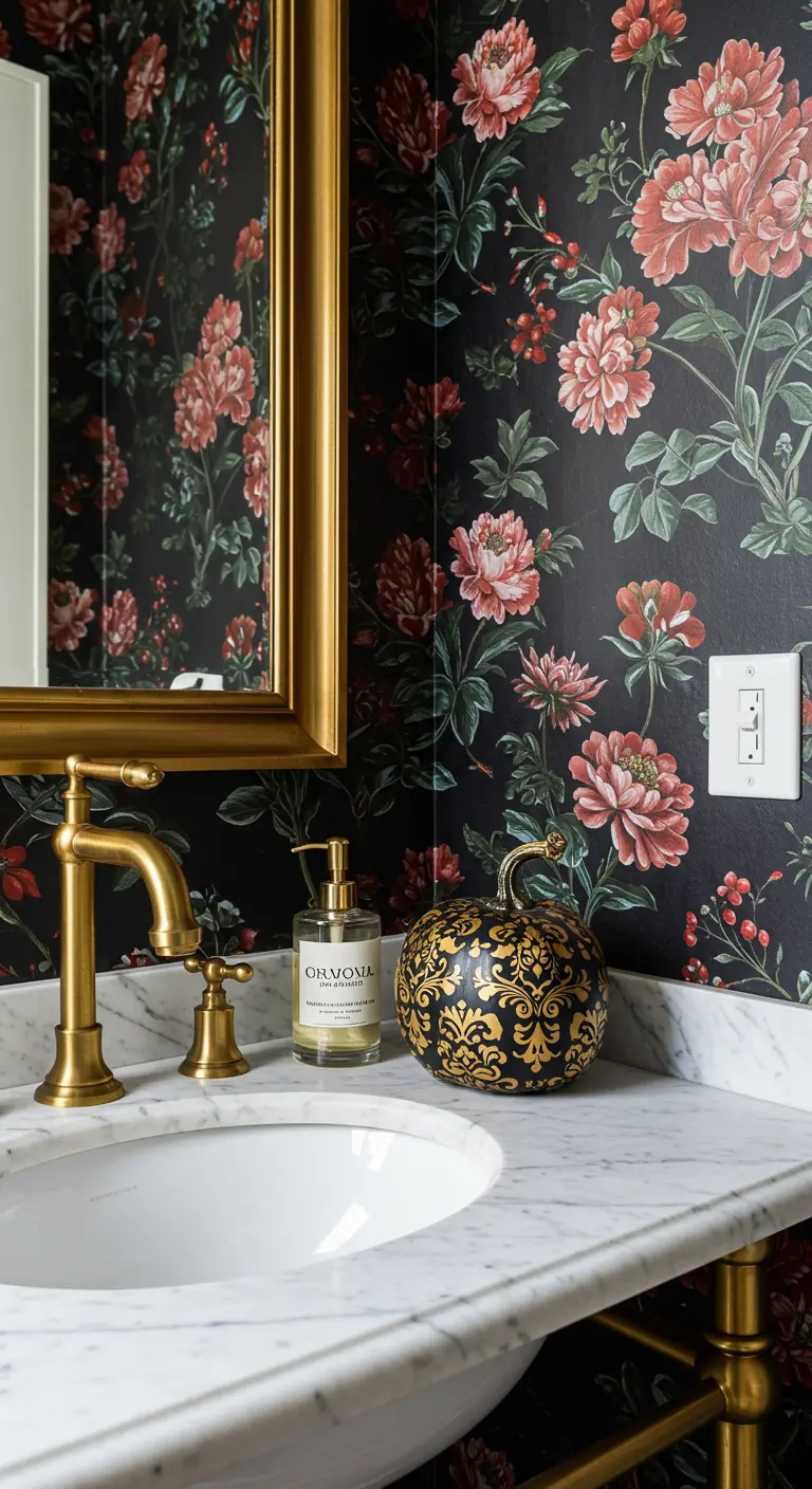 Salle de bains avec papier peint floral, où une citrouille noire à motifs dorés est posée sur le lavabo.
