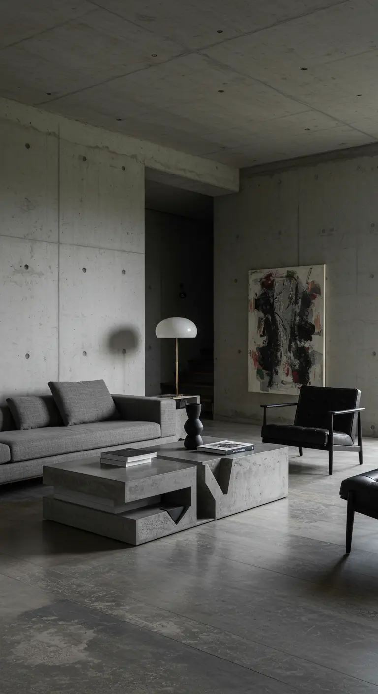 Table basse sculpturale en béton gris dans un intérieur minimaliste aux murs bruts.