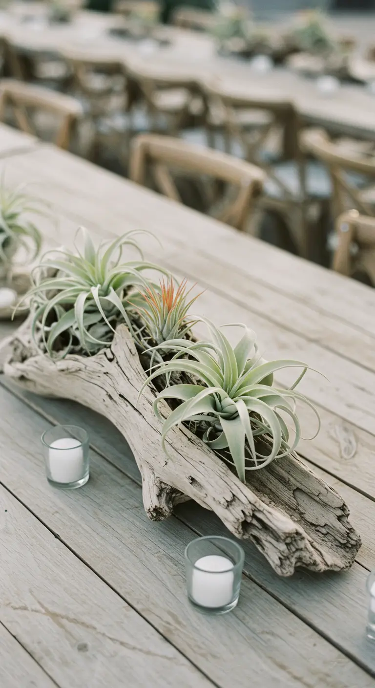 Bois flotté servant de support naturel pour des plantes aériennes (Tillandsia).
