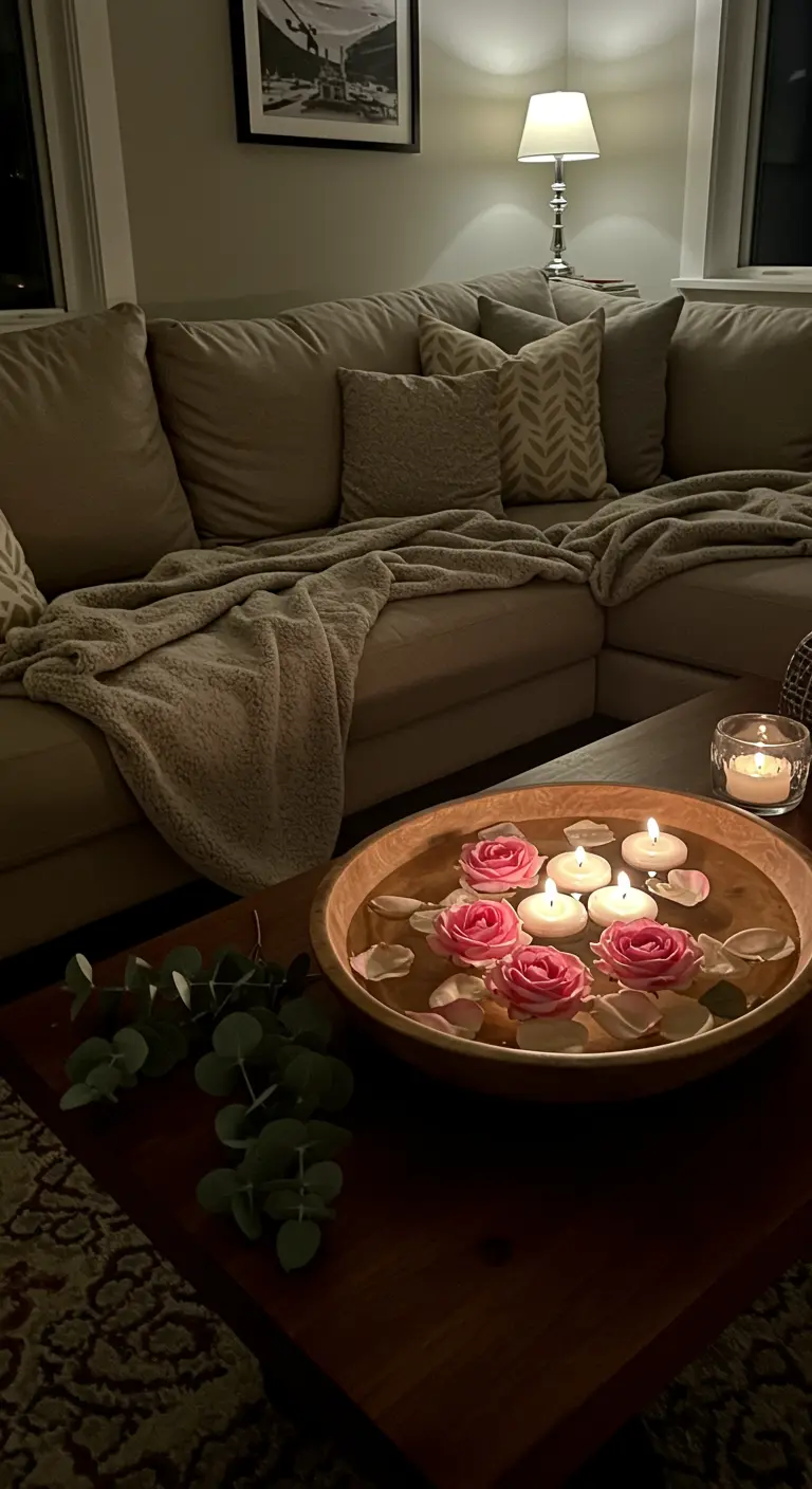 Bol en bois avec de l'eau, des bougies flottantes et des têtes de roses.