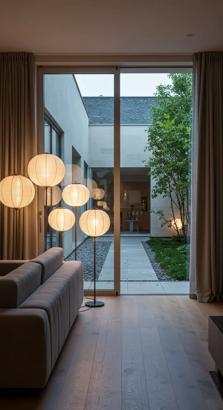 Groupe de lampadaires en papier de riz de différentes tailles à côté d'un canapé gris.