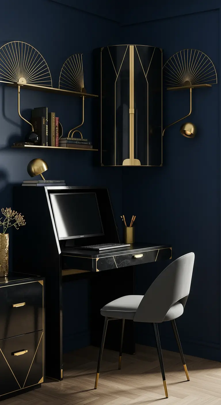 Bureau d'angle style Art Déco noir et or avec des étagères décoratives en forme d'éventail.