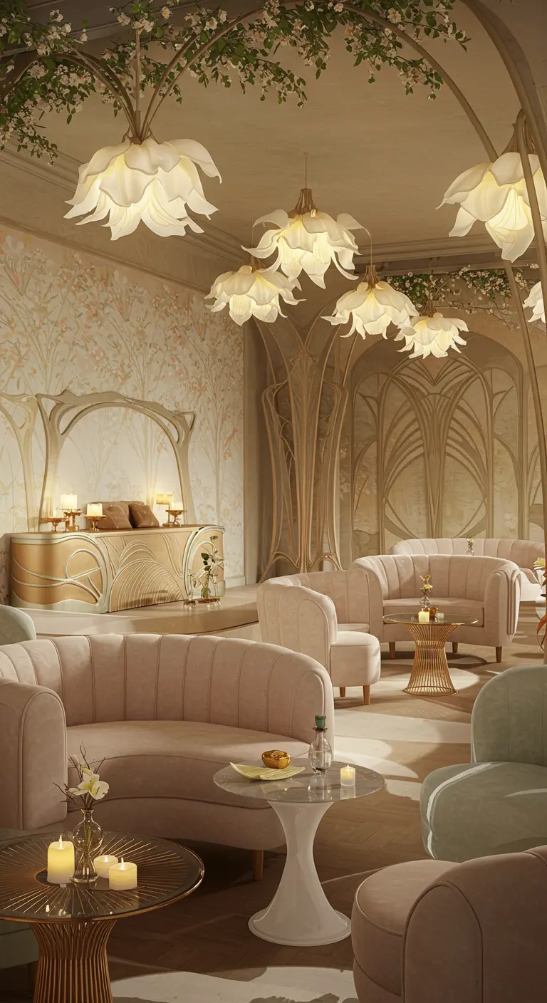 Un salon de style Art Nouveau avec des canapés roses et des lampes en forme de fleurs.