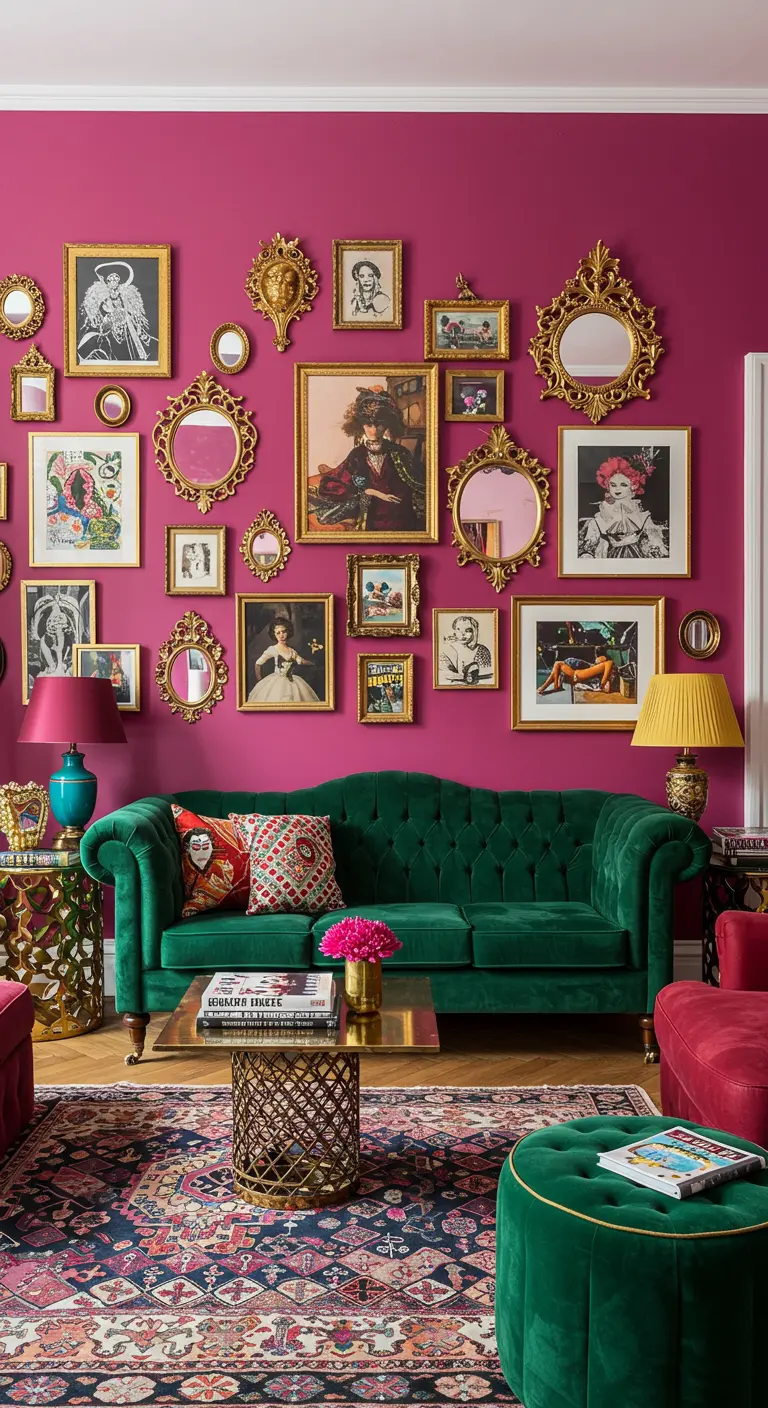 Mur d'accent magenta entièrement couvert de cadres dorés de styles variés, derrière un canapé en velours vert.