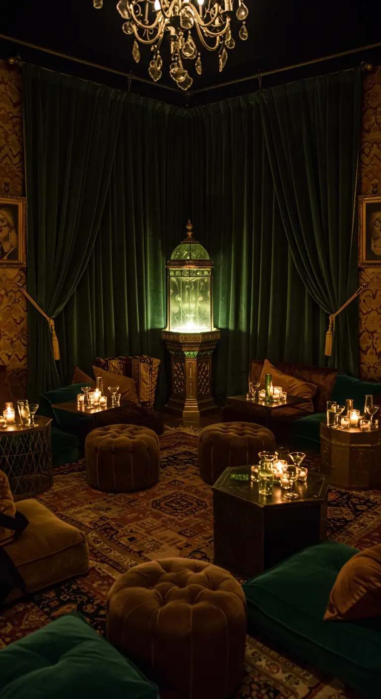 Coin salon intime avec des poufs en velours, des tapis et des bougies.