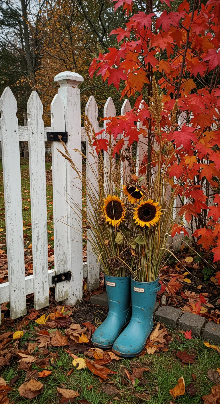 Des bottes de pluie bleues remplies de tournesols et d'herbes hautes.