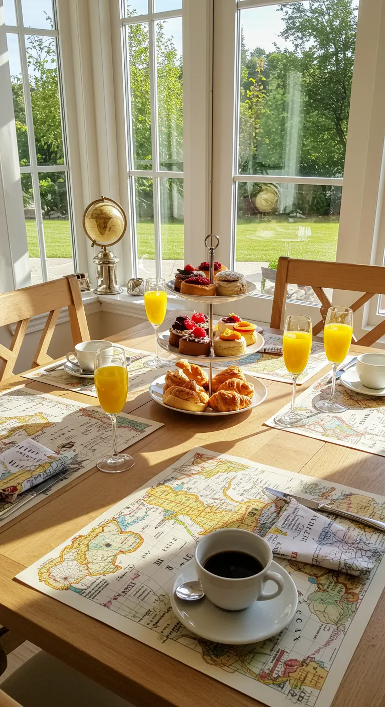 Table de brunch ensoleillée avec des sets de table carte du monde.