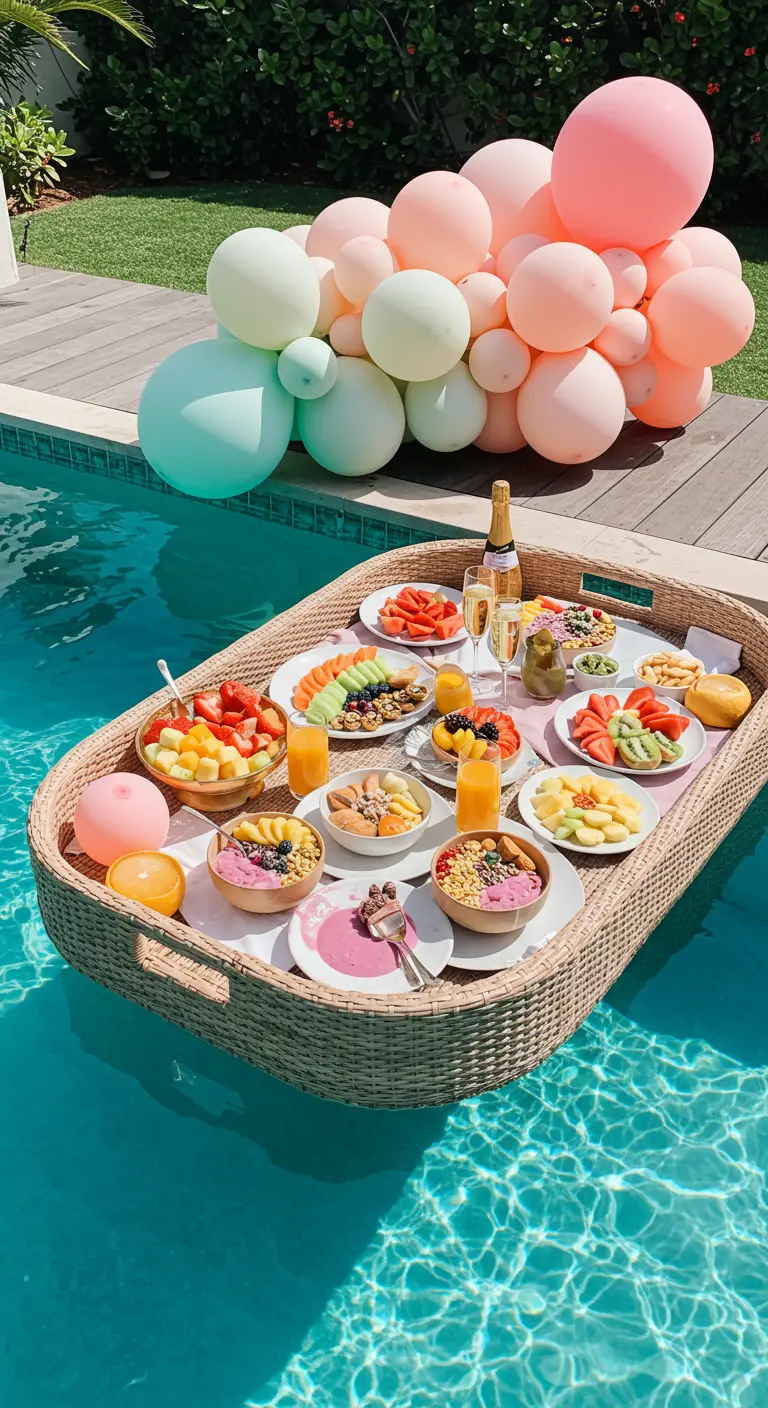 Plateau de brunch flottant dans une piscine, entouré de ballons pastel.