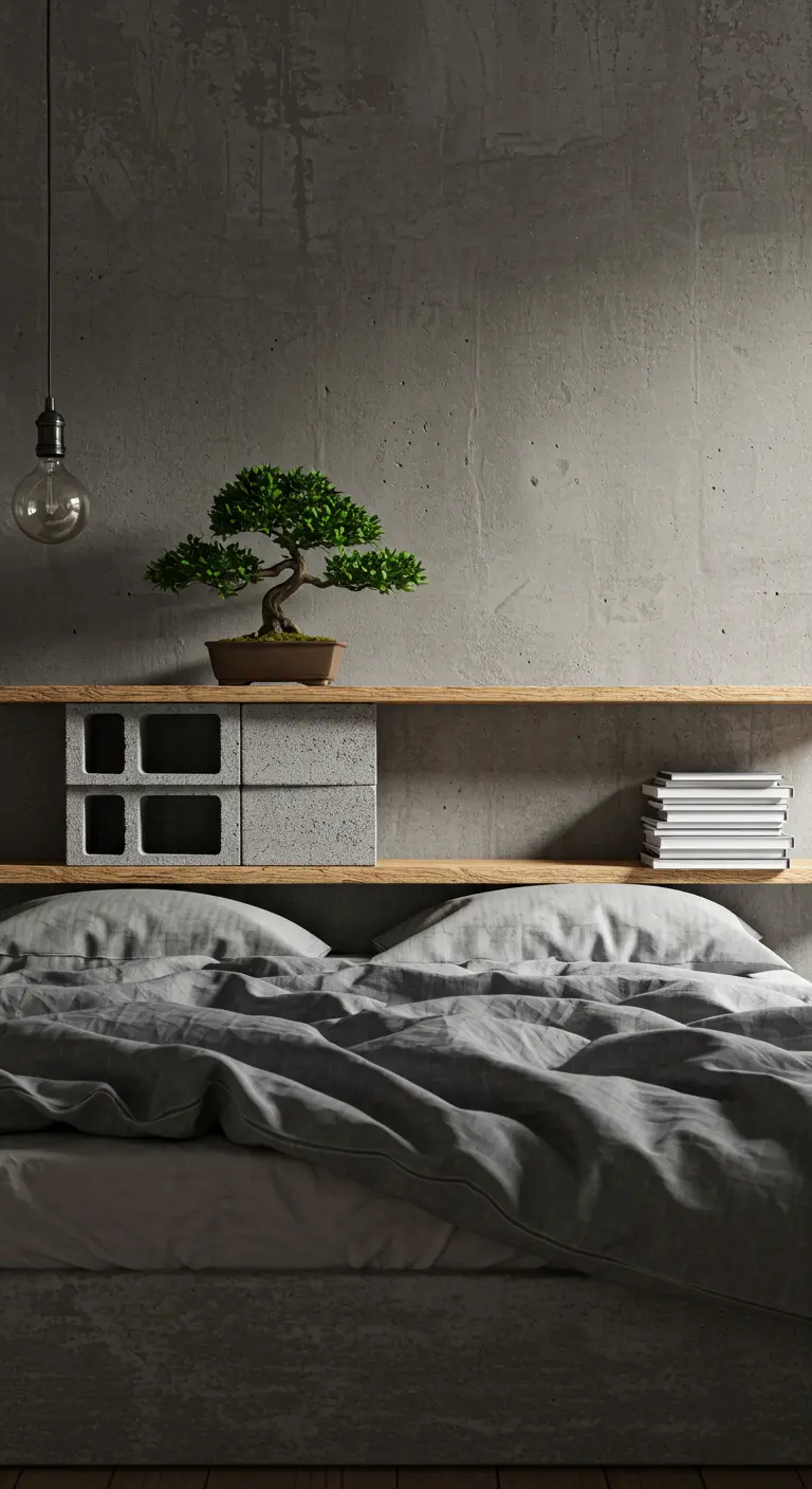 Tête de lit minimaliste faite de parpaings en béton et de planches de bois clair.