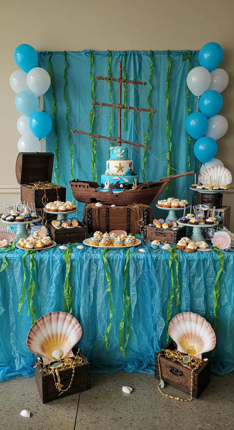 Buffet de fête sur le thème sous-marin avec un gâteau en forme de bateau
