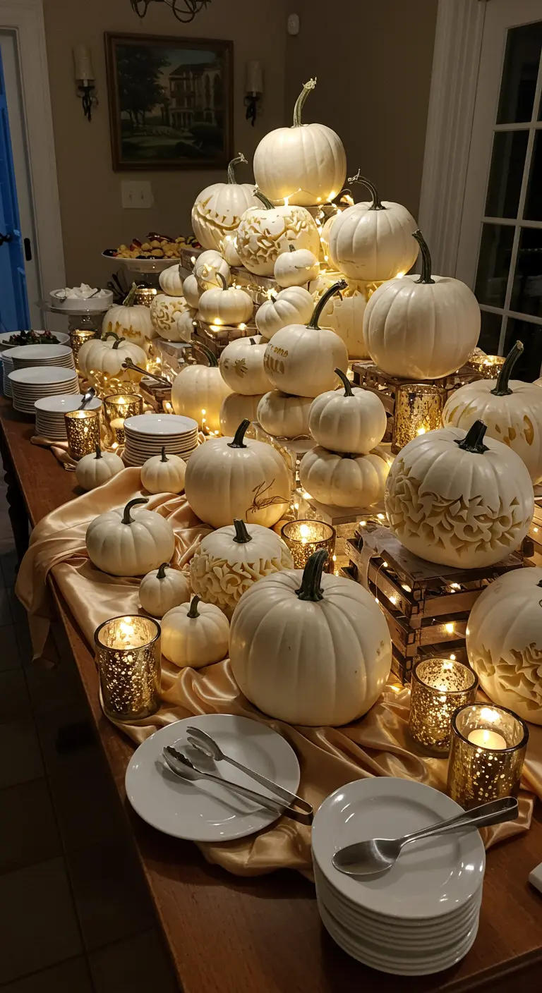 Buffet débordant de citrouilles blanches et dorées, illuminé par des guirlandes lumineuses.