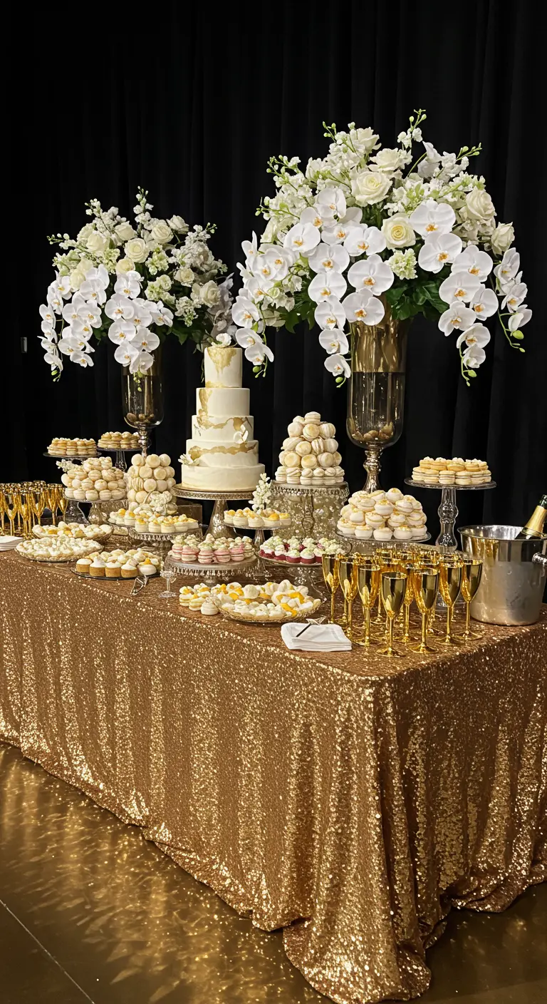 Buffet de desserts luxueux sur une nappe à sequins dorés, avec un gâteau et des macarons.