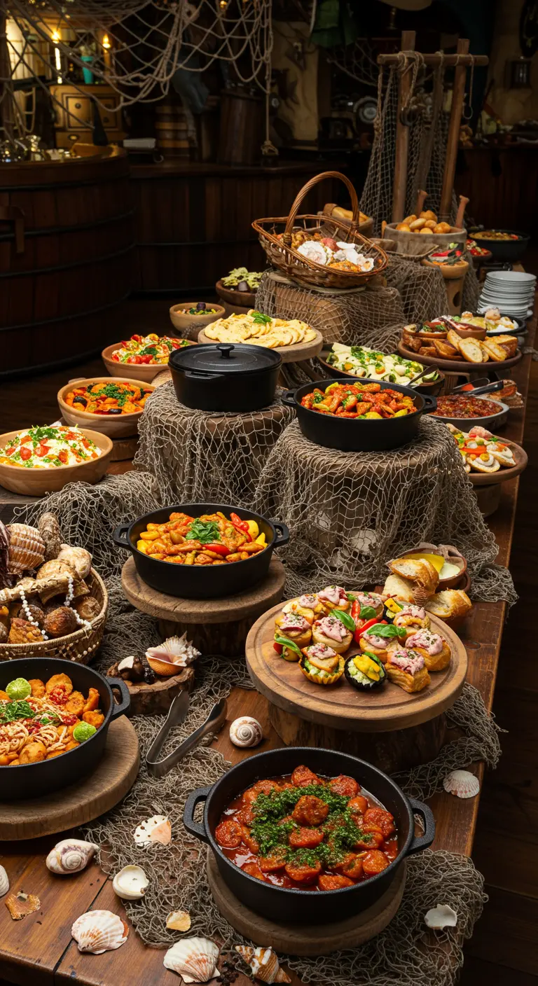 Buffet pirate rustique décoré de filets de pêche, de coquillages et de plats en cocotte.
