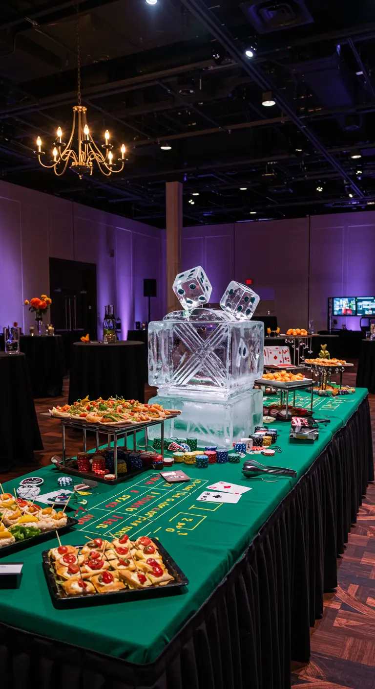 Buffet de fête sur une nappe verte, avec une sculpture de glace en forme de dés.