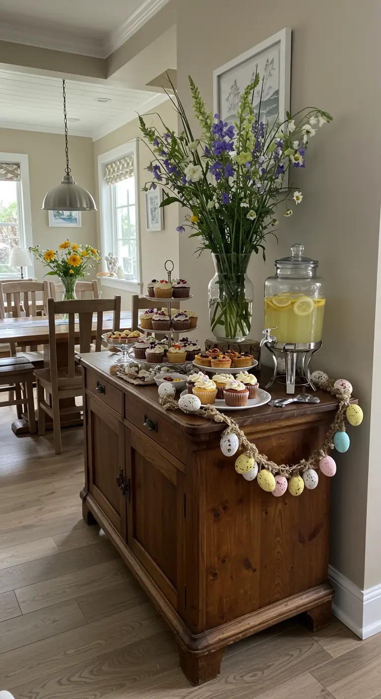 Buffet en bois avec des gâteaux, un grand bouquet de fleurs et une guirlande d'œufs.