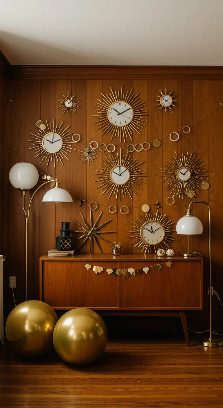 Collection d'horloges soleil dorées sur un mur en bois au-dessus d'un buffet.