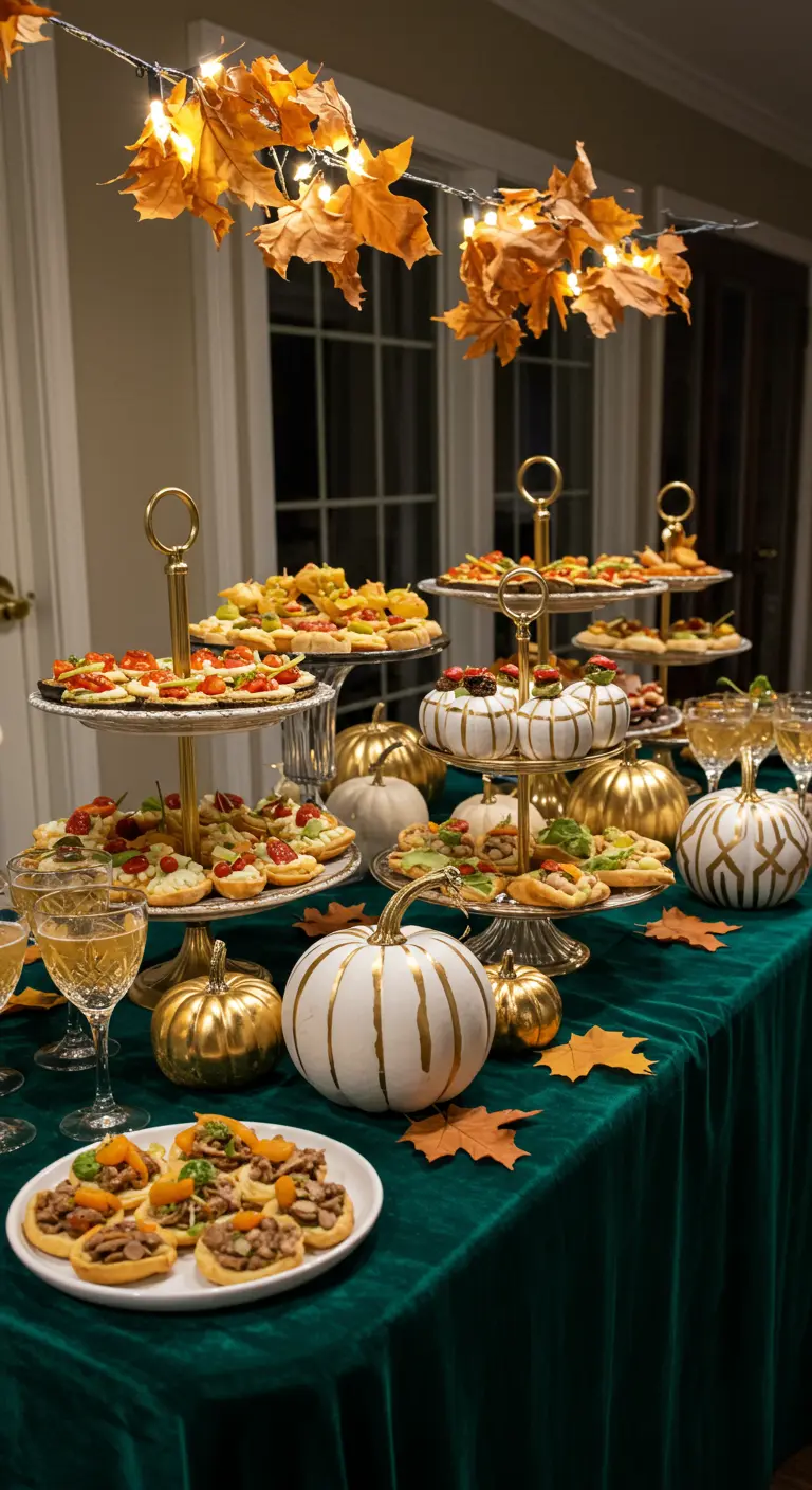 Buffet avec nappe en velours vert, plats de canapés et citrouilles blanches et dorées.