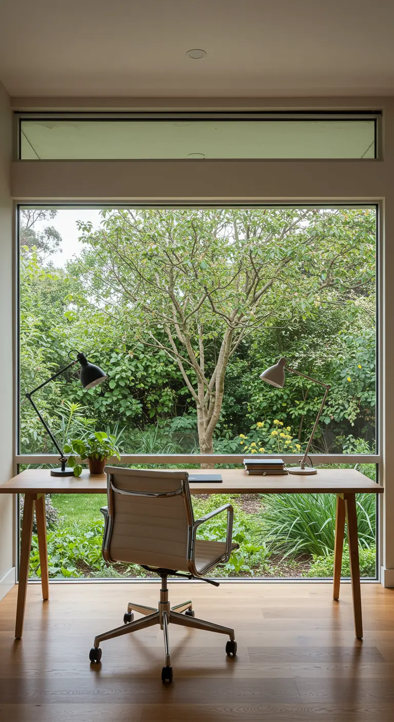 Bureau en bois placé devant une grande baie vitrée donnant sur un jardin luxuriant.