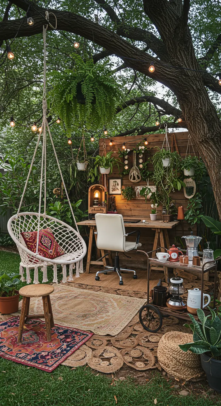 Bureau bohème sous un grand arbre avec balançoire macramé, table en bois et guirlandes lumineuses.