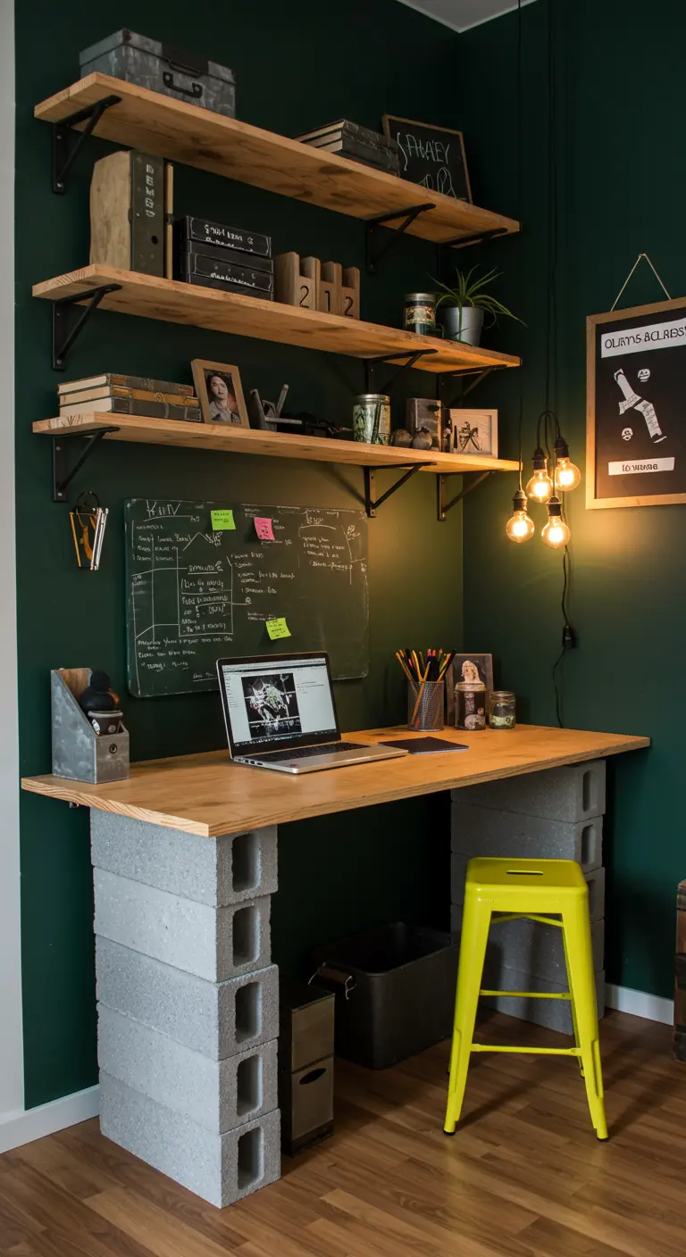 Bureau DIY avec un plateau en bois posé sur des piles de parpaings en béton.
