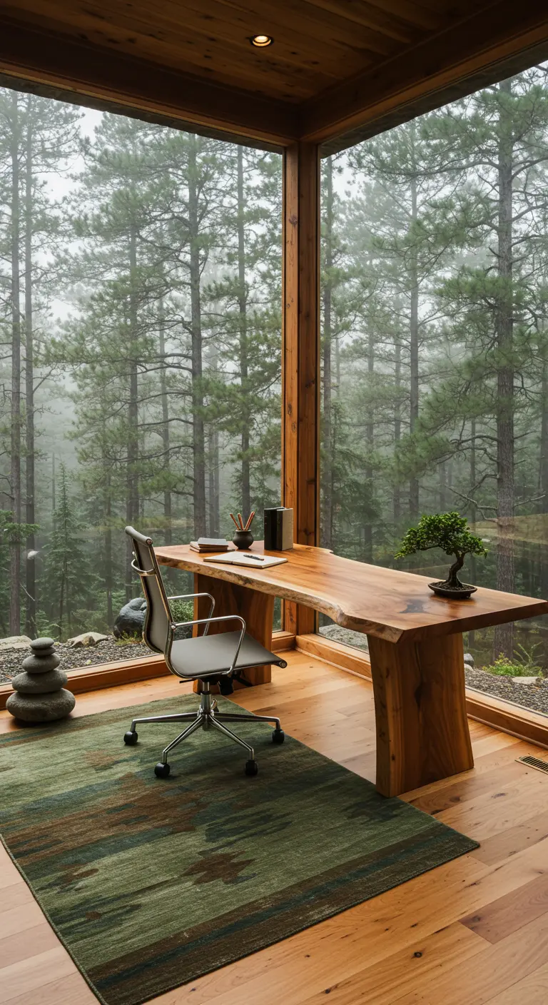 Bureau en bois brut face à une baie vitrée donnant sur une forêt de pins.