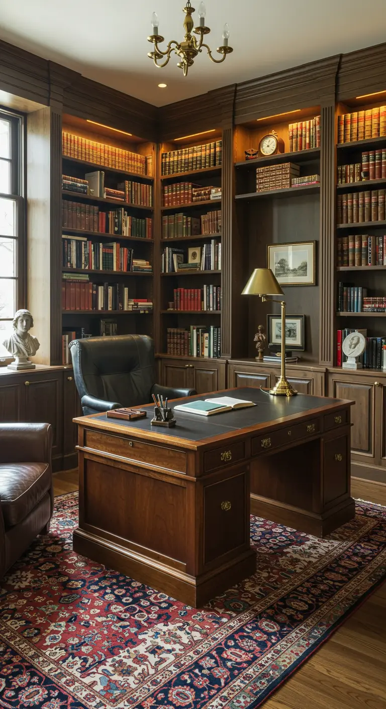 Bureau sombre avec bibliothèques en bois intégrées et éclairage indirect chaleureux