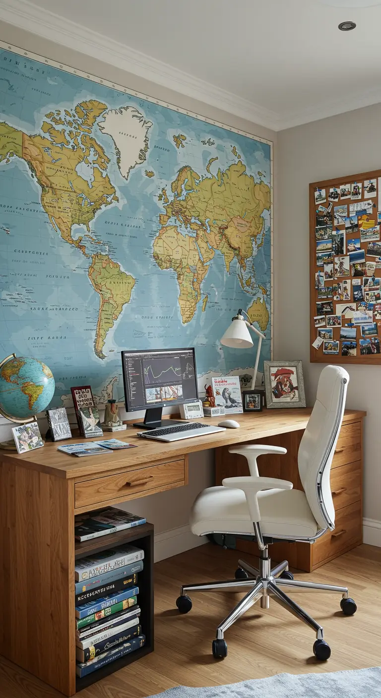 Bureau en bois avec une immense carte du monde murale et un tableau en liège.