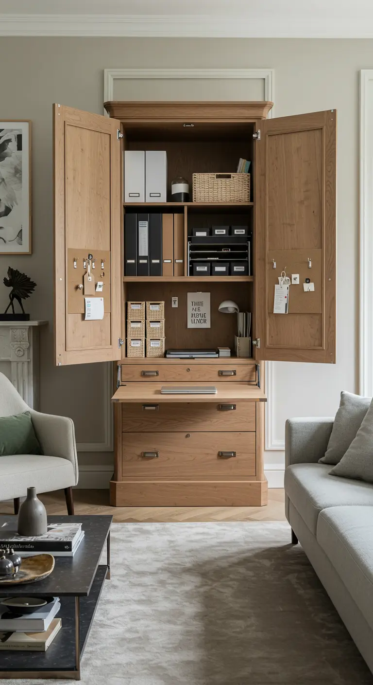 Armoire-secrétaire en chêne ouverte, révélant un bureau bien organisé avec des classeurs et des paniers.
