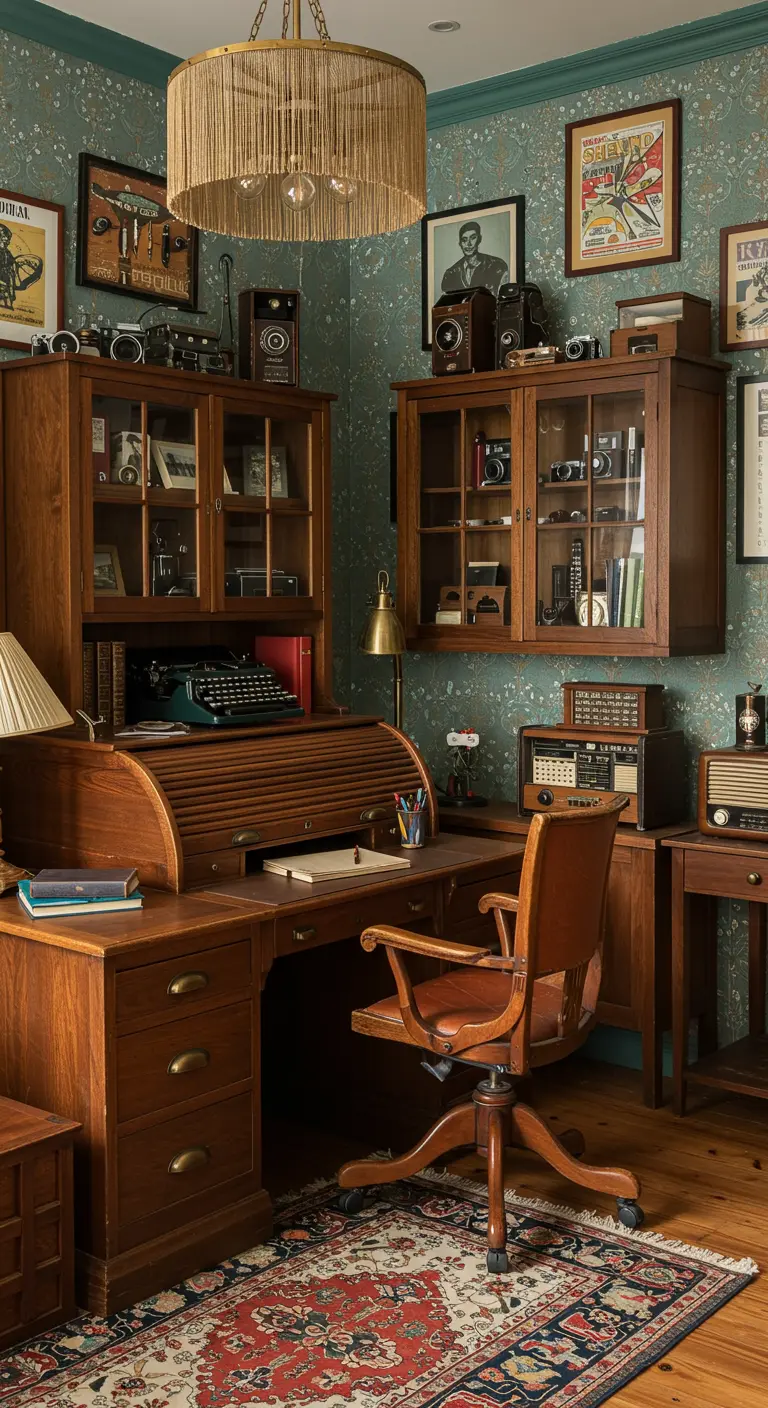 Bureau du collectionneur avec mobilier vintage en bois, radios anciennes et cadres.