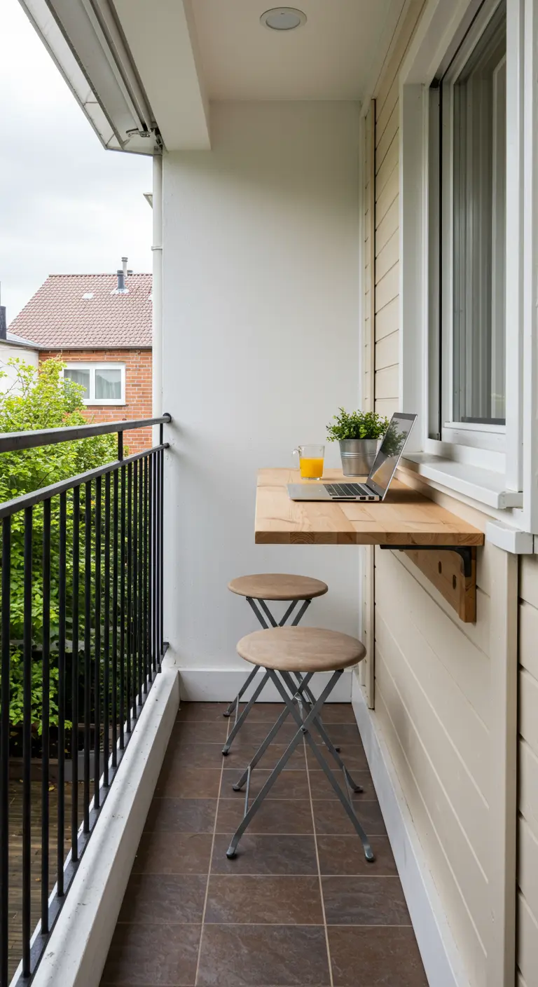 Tablette murale rabattable en bois avec un ordinateur portable sur un petit balcon.