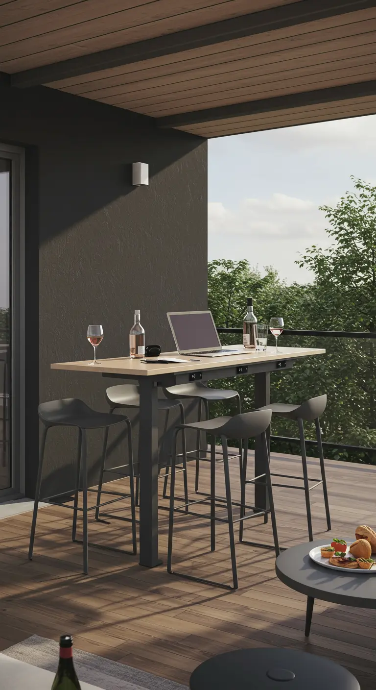 Table haute moderne sur un balcon servant de bureau extérieur.