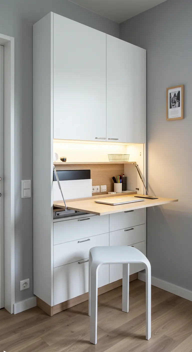 Bureau escamotable intégré dans une armoire blanche avec éclairage