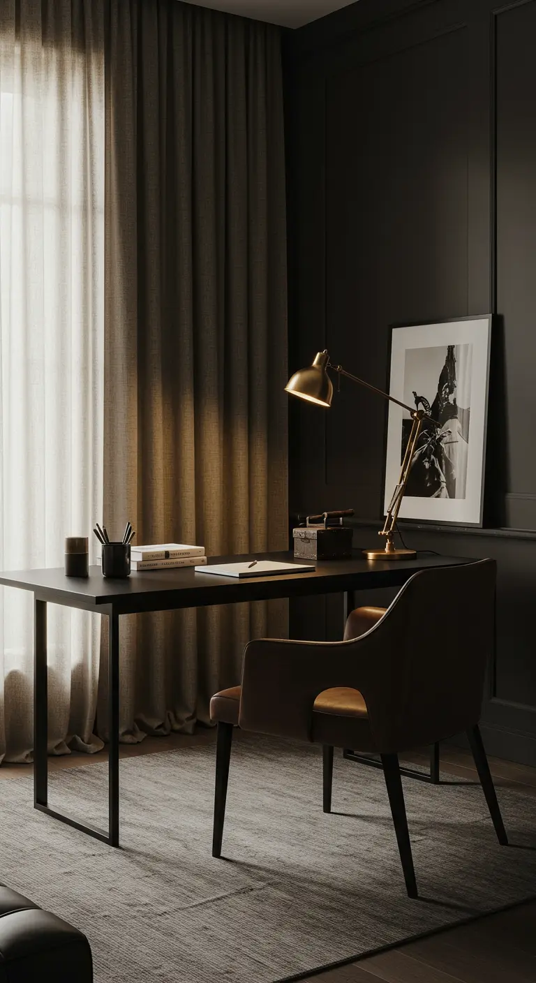 Bureau sombre et minimaliste avec une chaise en velours et une lampe d'architecte en laiton.