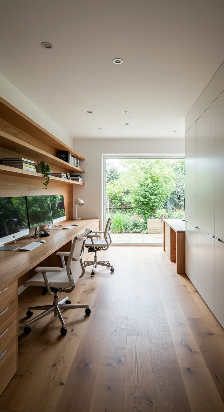 Long bureau en bois pour deux personnes avec vue sur un jardin verdoyant.