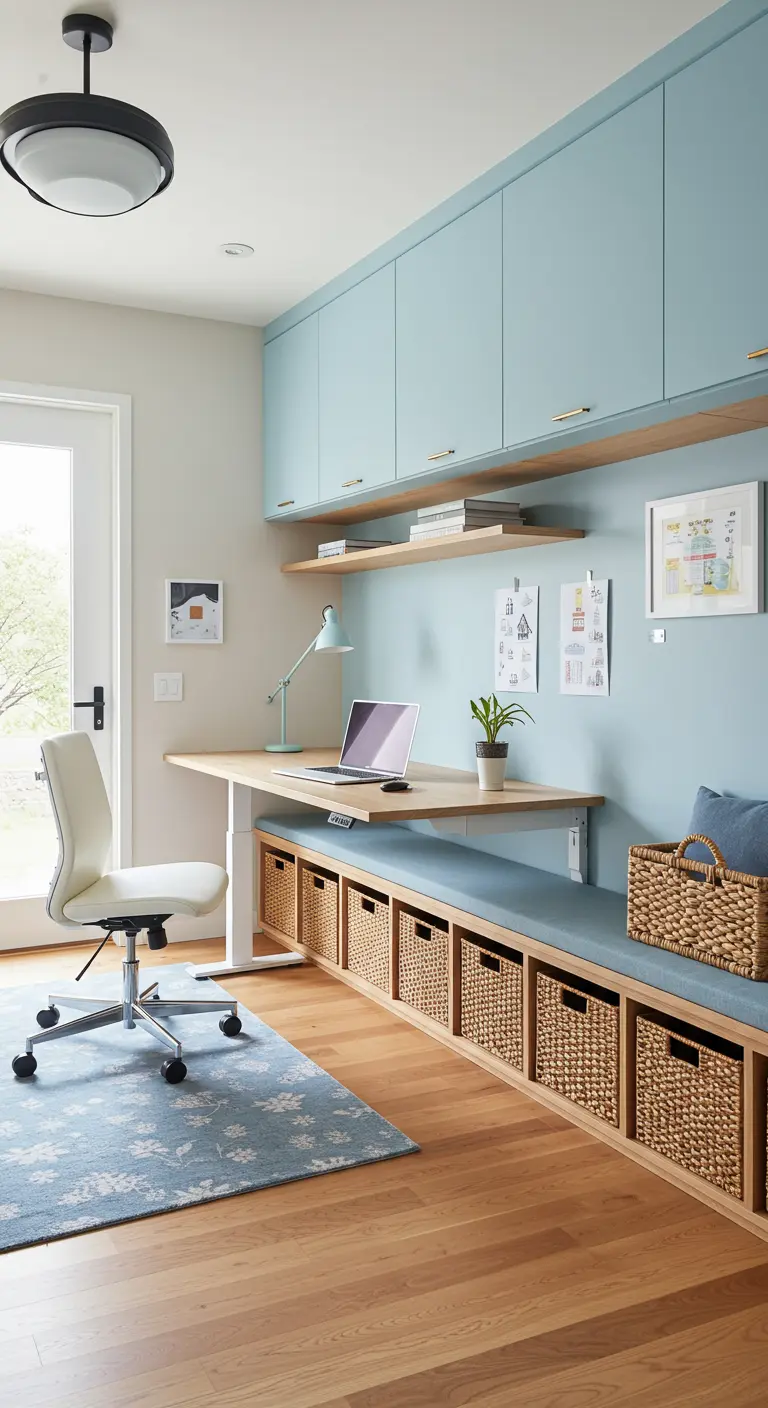 Bureau à hauteur réglable devant une longue banquette bleue avec des paniers de rangement.