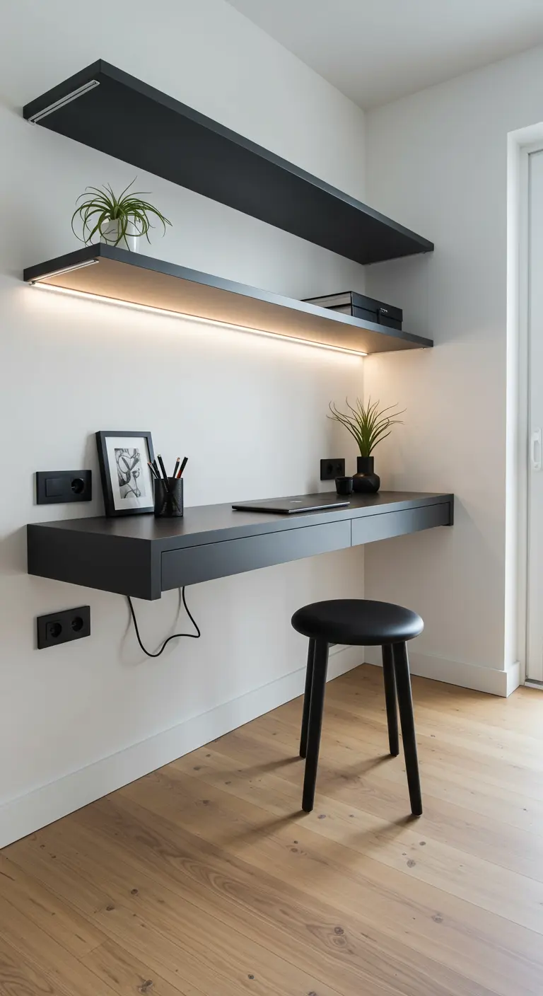 Bureau flottant noir avec étagères et éclairage LED intégré, style minimaliste