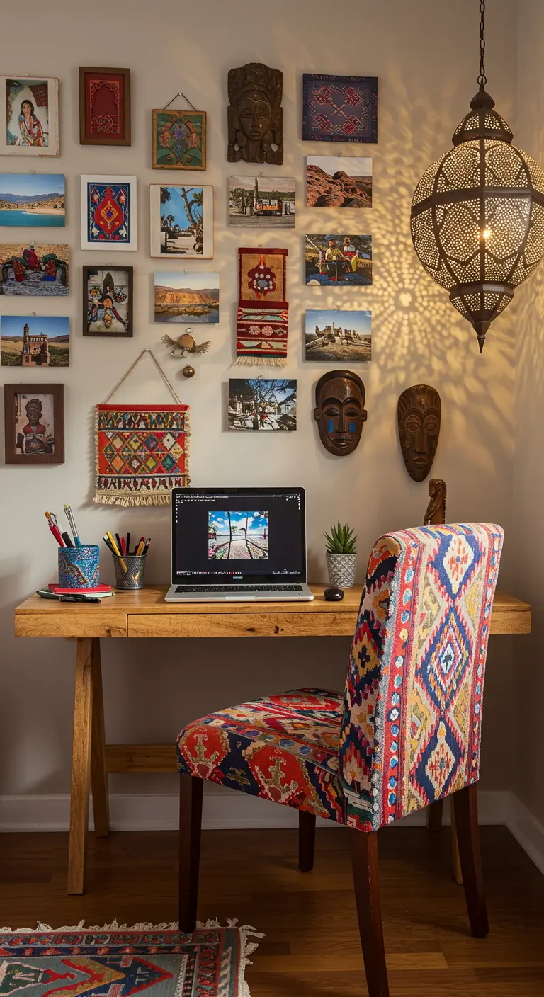 Bureau en bois entouré d'un mur galerie avec des cadres, photos et masques ethniques.