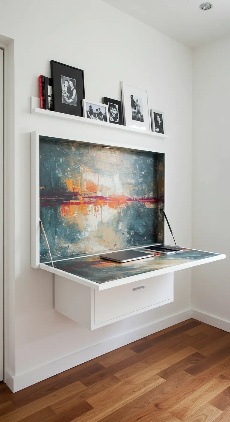 Secrétaire mural blanc qui, une fois ouvert, révèle une peinture abstraite colorée à l'intérieur.