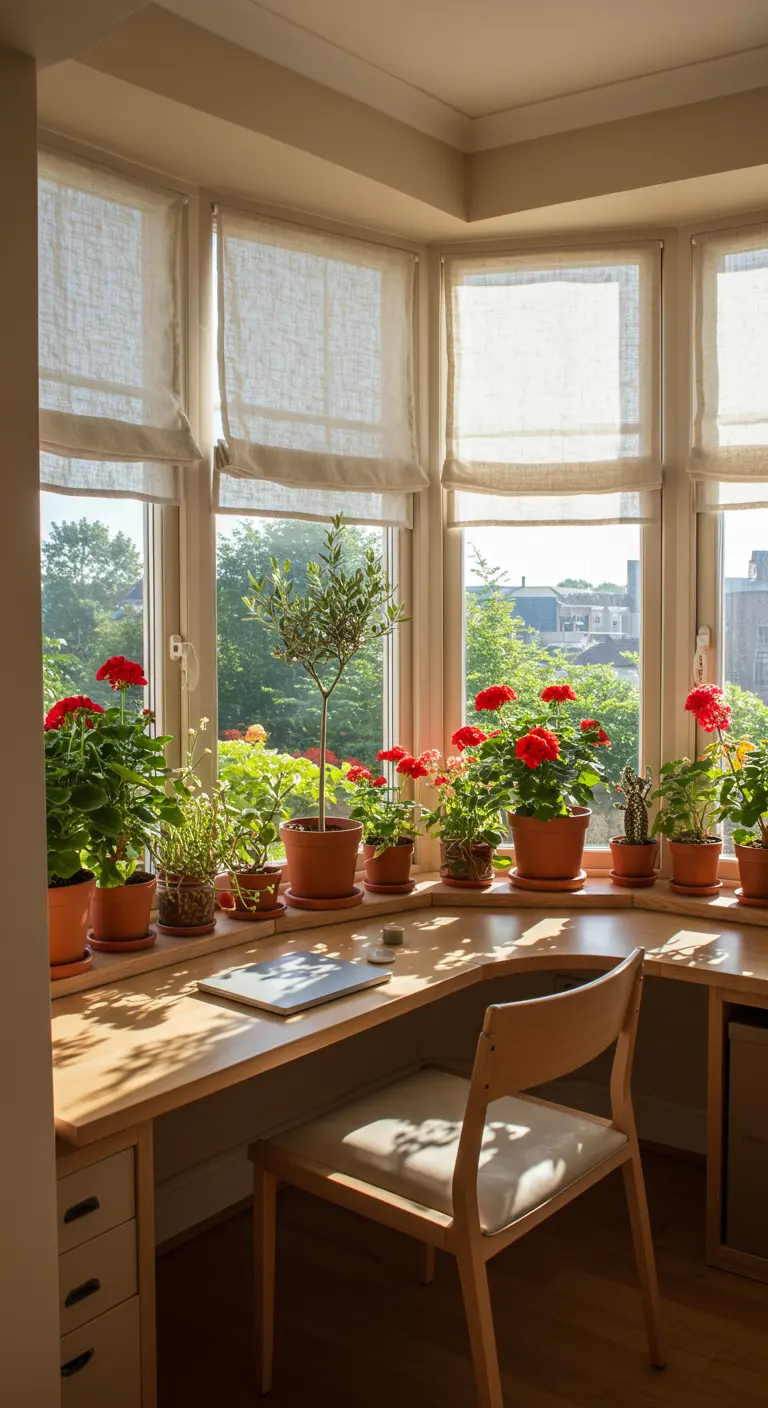 Bureau en bois intégré dans un bow-window, bordé de géraniums rouges en pot.