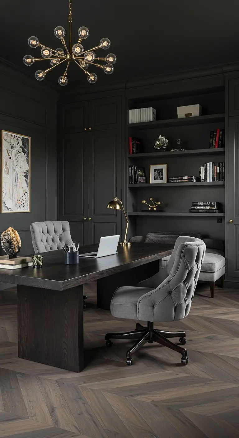 Bureau luxueux aux murs noirs avec un mobilier sombre et des touches de laiton.
